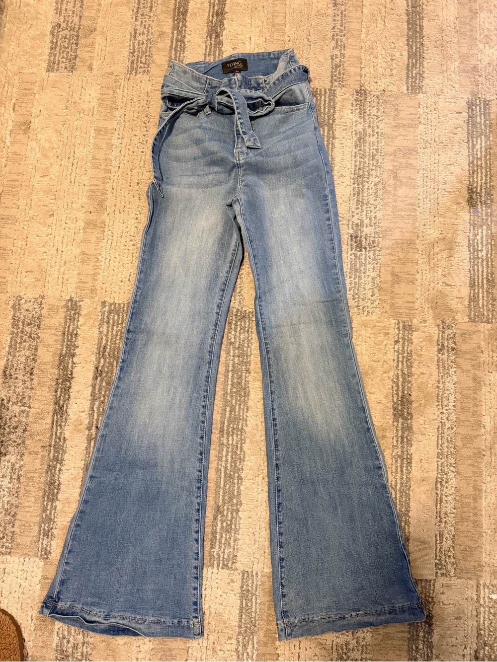 Flying Tomato Light Blue High-Waist Tie-Belt Flare Jeans
